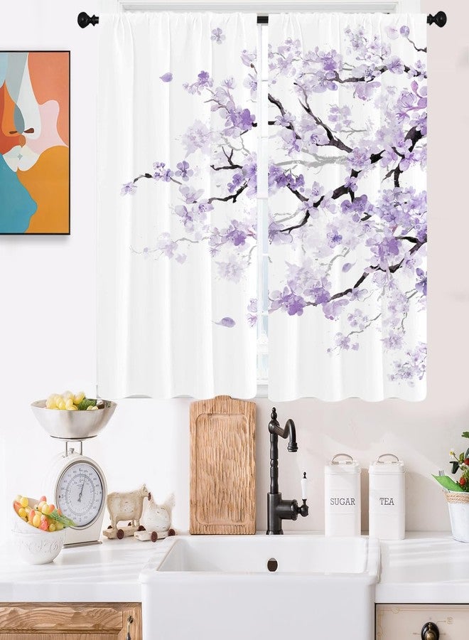 Kikiry Purple Kitchen Curtains Mini 27.5'' W x 39'' L Floral Cherry Blossom Japanese Lavender Patterned Flower Printed Woman Small Cafe Room Rod Pocket Window Drapes Treatment Tiers Fabric 1 Pair - Image 1